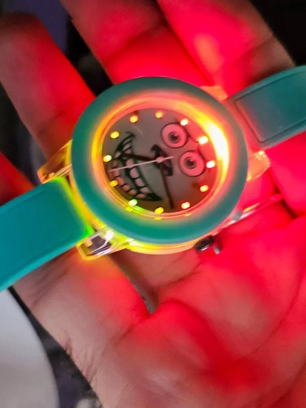 Share Funny Monster Face Wristwatch Ligh Up Quartz Analog Green Rubber Band Wris